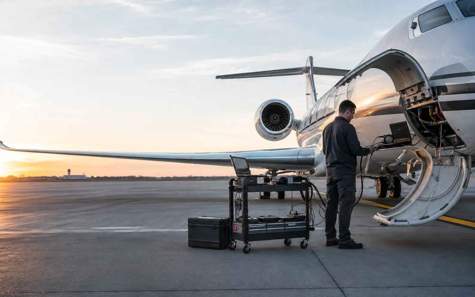 AOG flightline support: business jet with mobile diagnostic equipment at first light