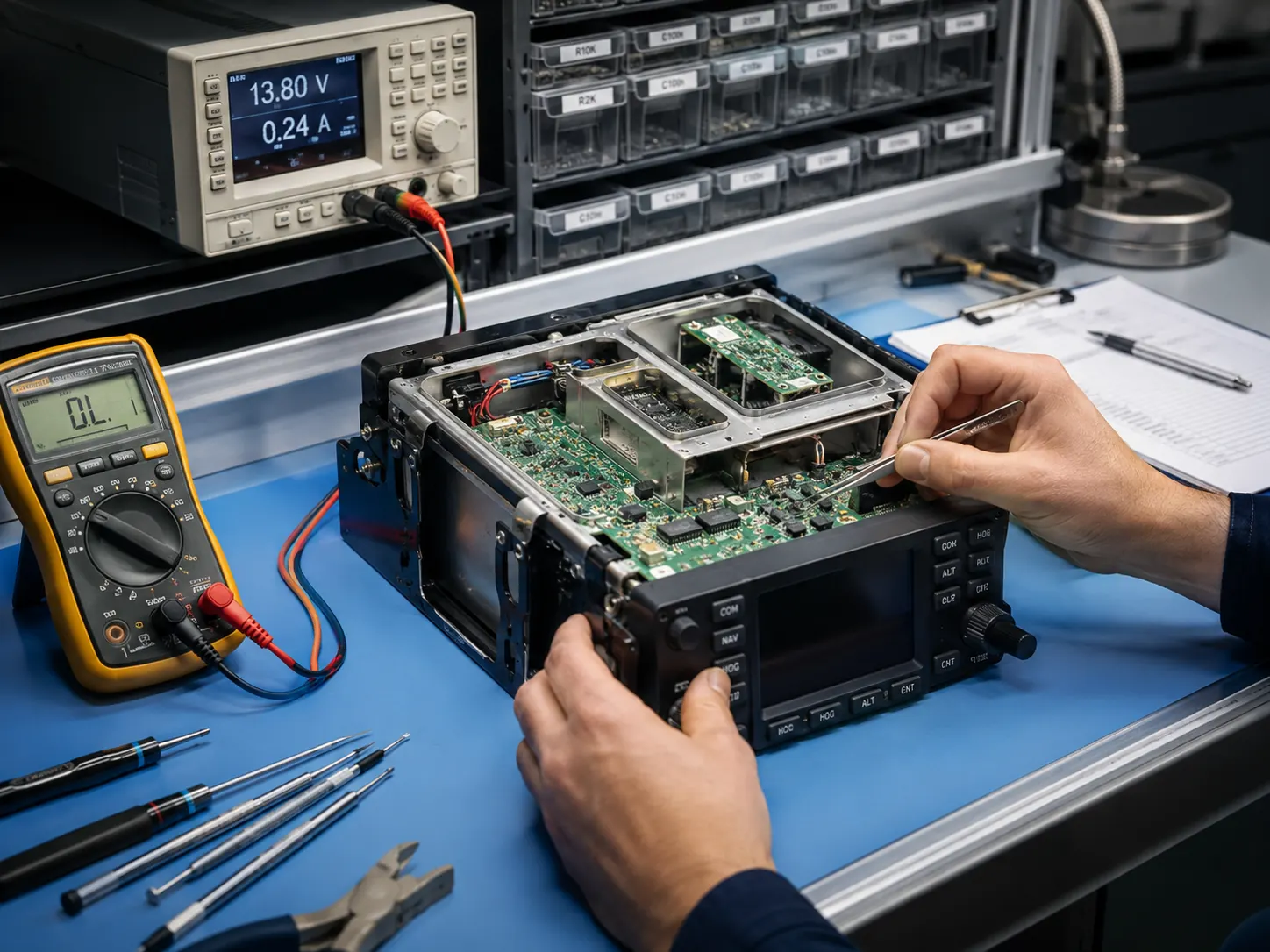 Avionics unit opened on an ESD-safe workbench during component-level repair