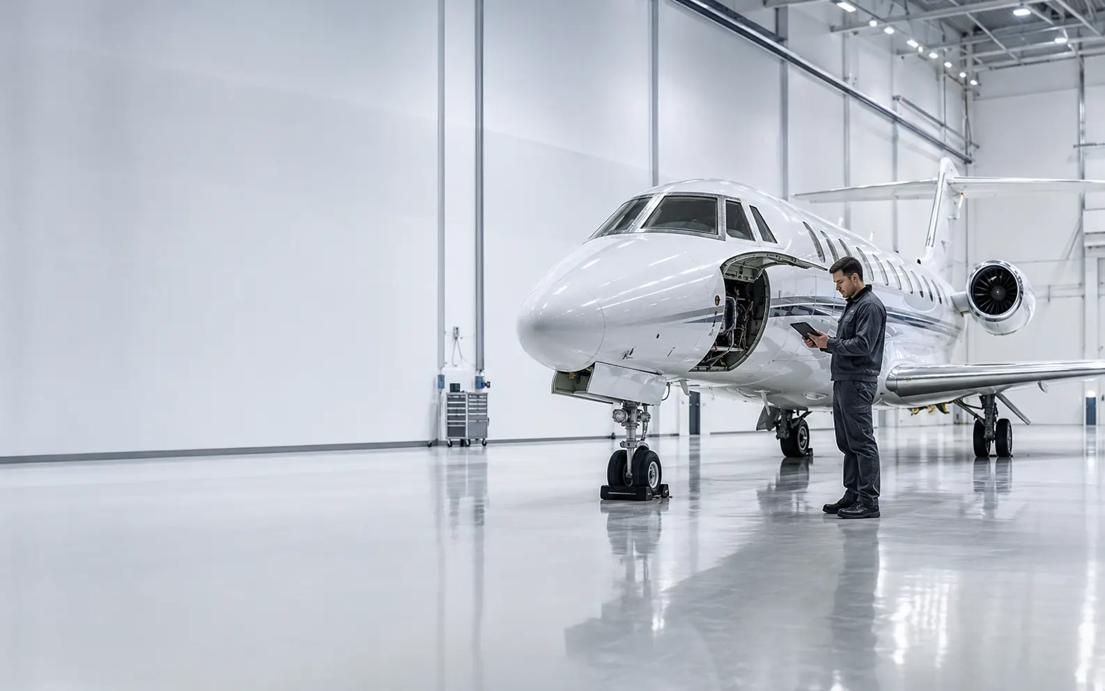 Business jet inside a bright hangar with the nose avionics panel open, technician reviewing a tablet