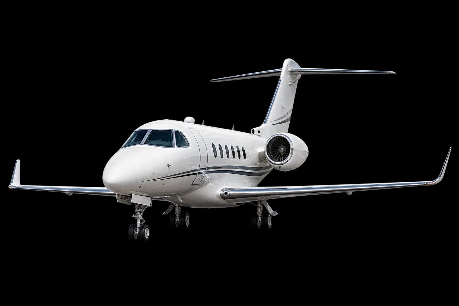 White midsize business jet, front three-quarter view, isolated