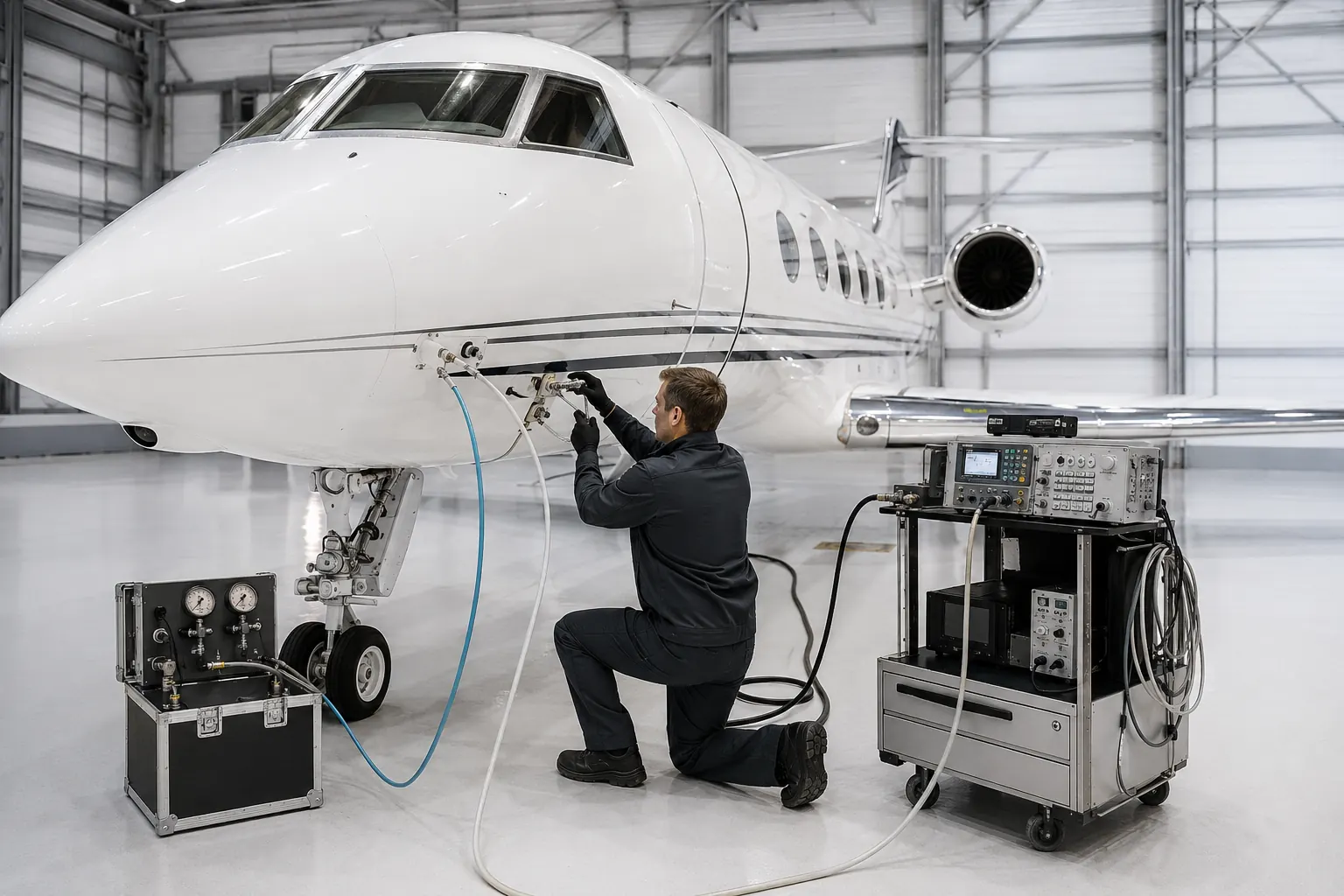 Technician connecting calibrated pitot-static test equipment to a business jet