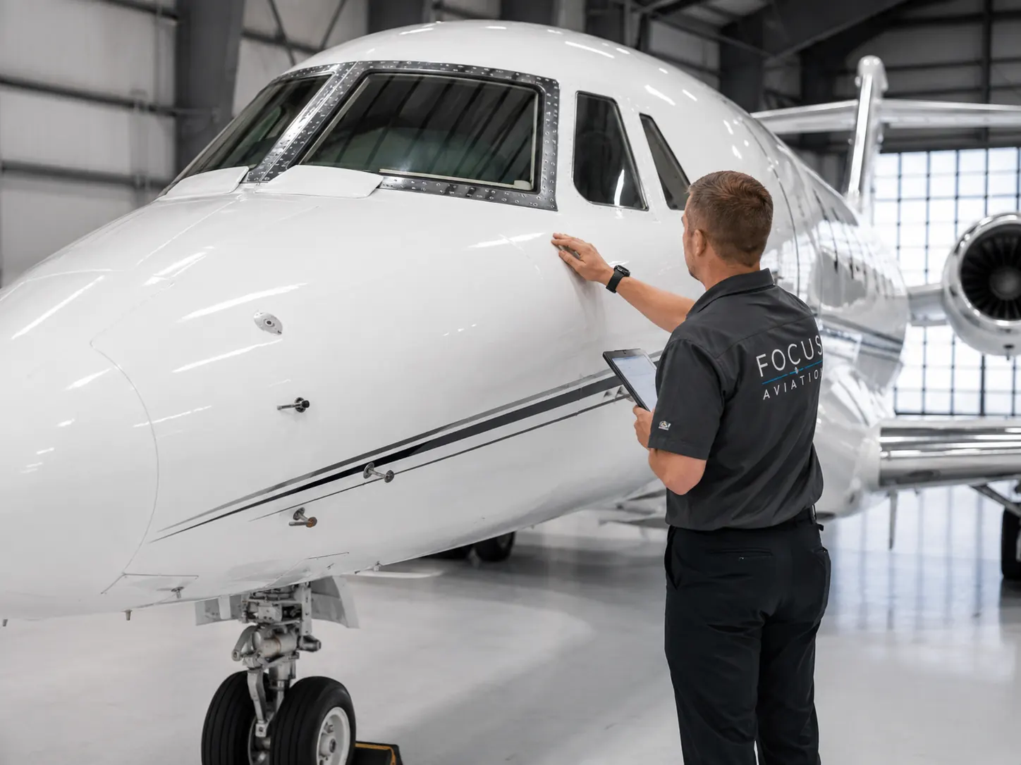 Technician performing a final visual inspection at the cockpit and nose section